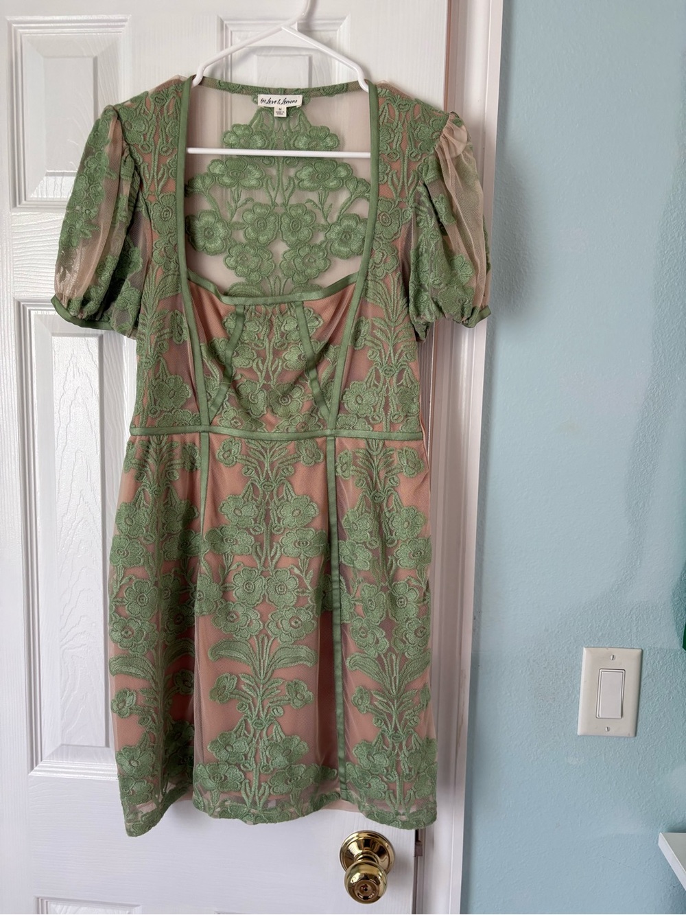 For Love and Lemons Green Lace Overlay Dress with Nude Underlay